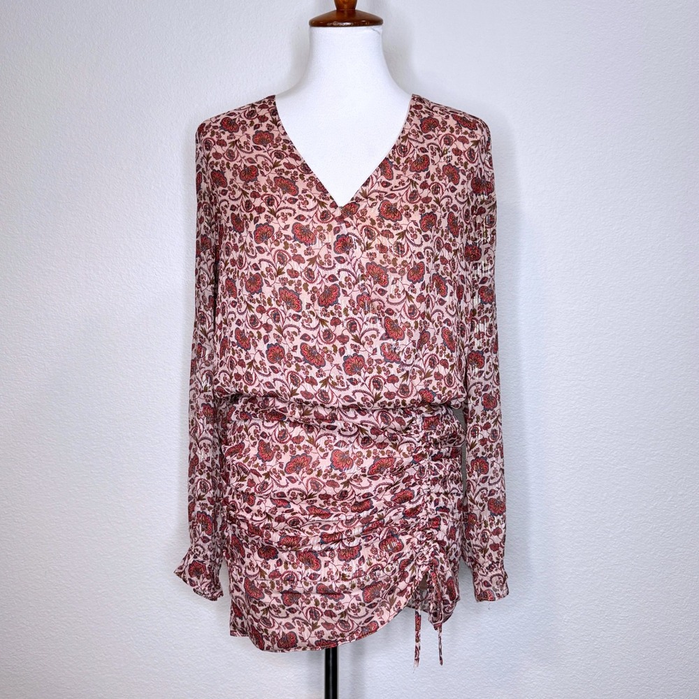 RAMY BROOK Vina Silk Lurex Mini Dress XS Surplice Front LS Floral Pinks Blouson‎